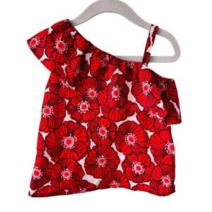 Janie and Jack Girls Poppy Top Size 4 Red Floral One Shoulder Cotton Blouse